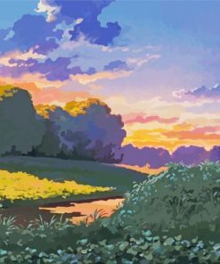 Ghibli Landscape At Sunset Diamond Paintings
