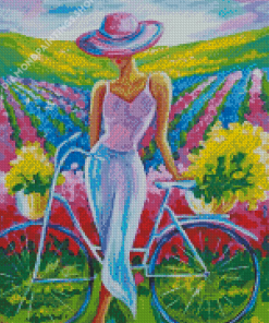 Lady With Bike In Field Diamond Paintings
