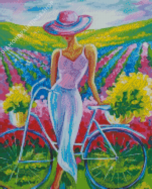 Lady With Bike In Field Diamond Paintings