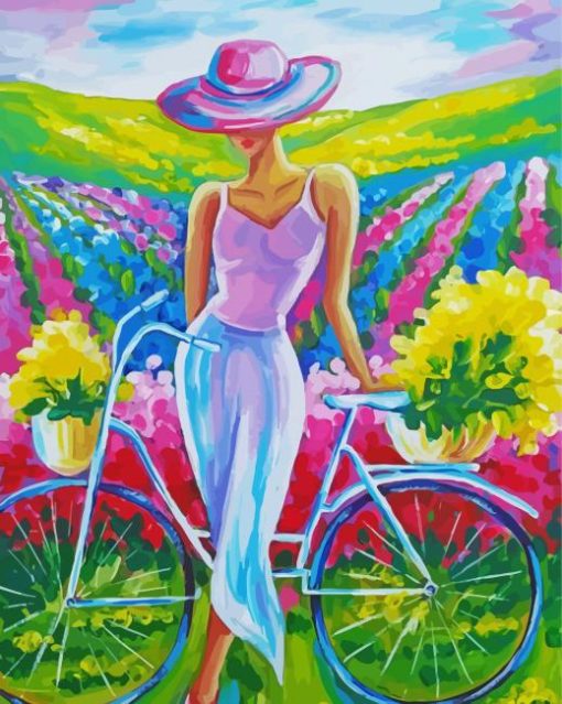 Lady With Bike In Field Diamond Paintings