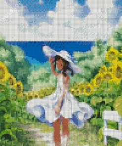 Anime Girl Running In Sunflower Field Diamond Paintings
