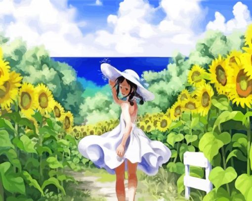 Anime Girl Running In Sunflower Field Diamond Paintings