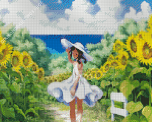 Anime Girl Running In Sunflower Field Diamond Paintings