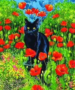 Black Cat And Flowers In Garden Diamond Paintings