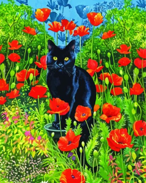 Black Cat And Flowers In Garden Diamond Paintings