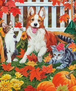 Cats And Dogs In Autumn Diamond Paintings