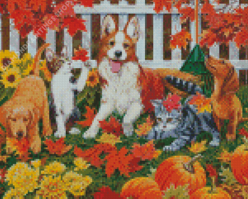 Cats And Dogs In Autumn Diamond Paintings