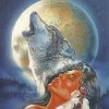 Indian Woman And Wolf Howling Diamond Paintings