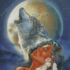 Indian Woman And Wolf Howling Diamond Paintings