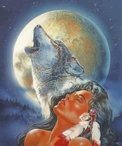 Indian Woman And Wolf Howling Diamond Paintings