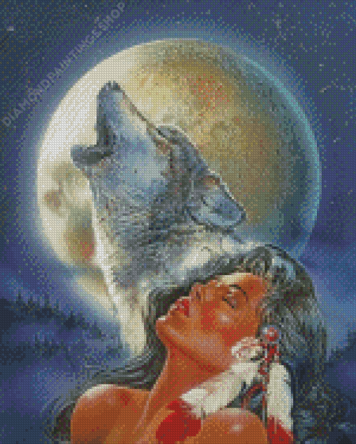 Indian Woman And Wolf Howling Diamond Paintings