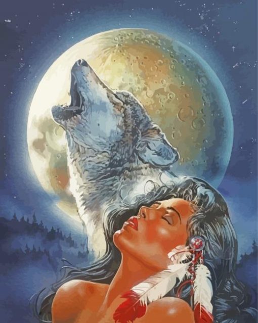 Indian Woman And Wolf Howling Diamond Paintings