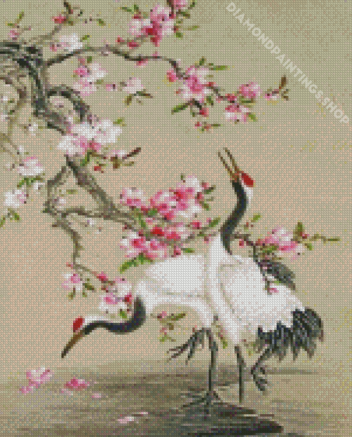 Red Crowned Crane And Blossoms Diamond Paintings