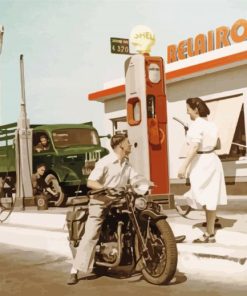 Vintage Motorcycle Old Gas Station Diamond Paintings