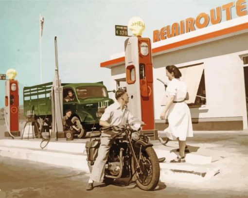 Vintage Motorcycle Old Gas Station Diamond Paintings