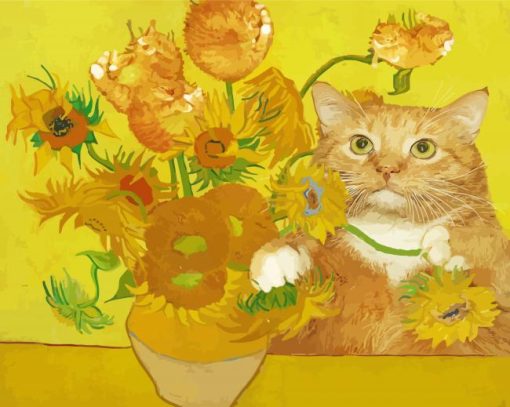 Yellow Fat Cat With Flowers Diamond Paintings