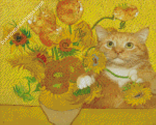 Yellow Fat Cat With Flowers Diamond Paintings