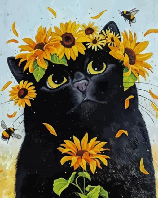 Black Cat And Sunflowers Diamond Painting