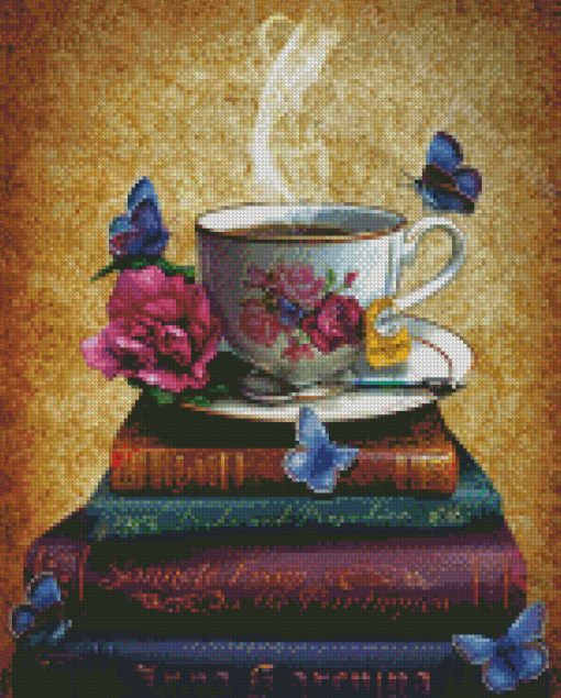 Vintage Books With Tea Cup And Butterflies 5D Diamond Paintings