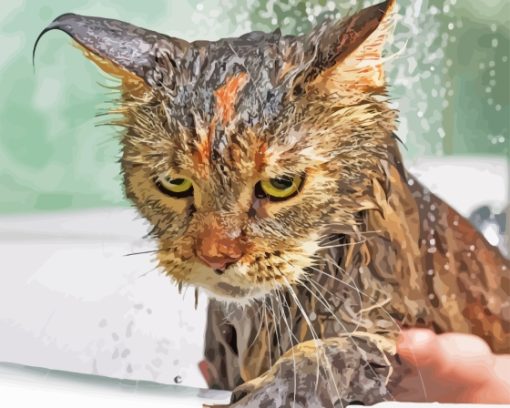 Brown Cat Taking Shower Diamond Painting