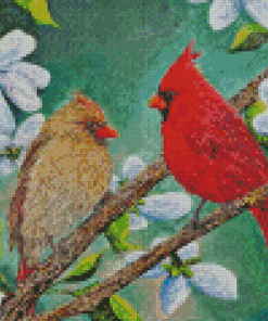 Cardinals Couple On Flowering Tree Diamond Paintings