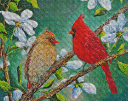 Cardinals Couple On Flowering Tree Diamond Paintings