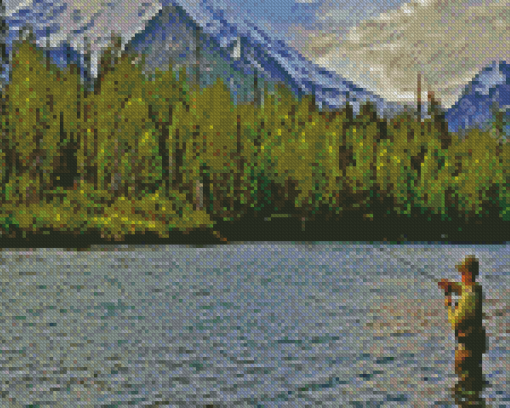 Mountain Lake Fishing Diamond Paintings