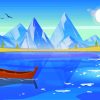Rustic Boat On Lake With Mountains Landscape Diamond Painting