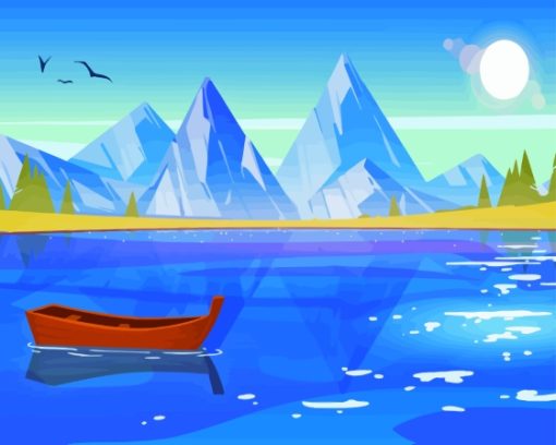 Rustic Boat On Lake With Mountains Landscape Diamond Painting