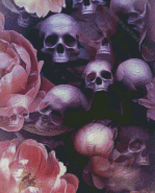 Skulls And Pink Flowers Diamond Paintings