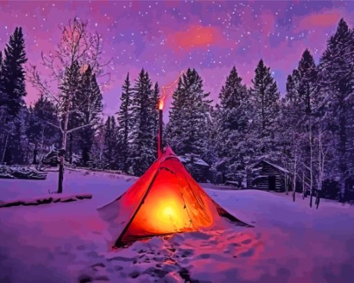 Camping In Snow At Night Diamond Painting