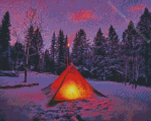 Camping In Snow At Night Diamond Paintings