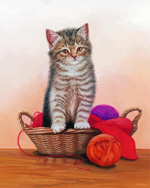 Kitten With Yarn Basket Diamond Painting