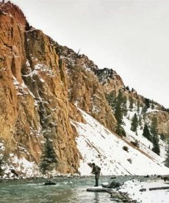Man Fishing In Snowy Mountain Diamond Painting