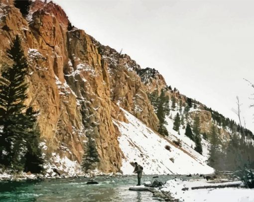 Man Fishing In Snowy Mountain Diamond Painting