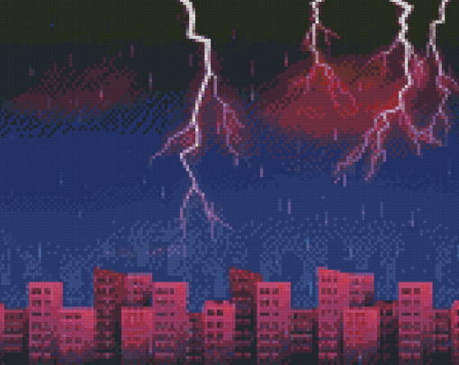 Thunderstorm Lightning Rainy City At Night Diamond Paintings