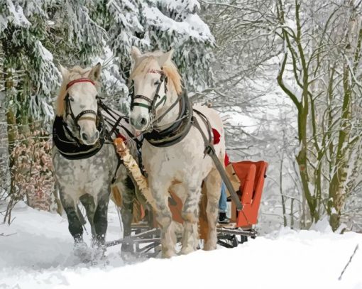 White Horses With Sleigh Diamond Painting