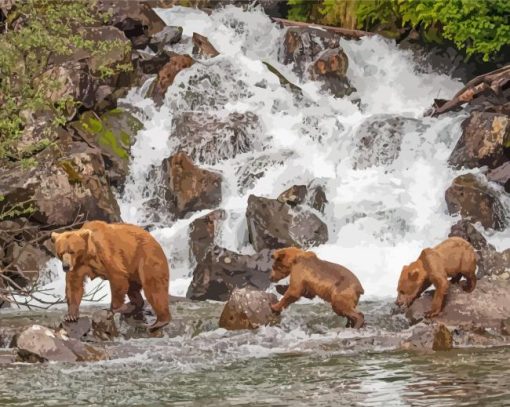 Alaska Grizzly Bears In Waterfall Diamond Painting