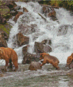 Alaska Grizzly Bears In Waterfall Diamond Paintings