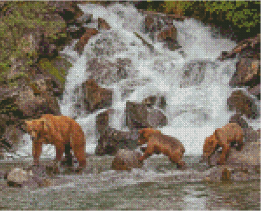 Alaska Grizzly Bears In Waterfall Diamond Paintings