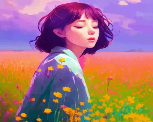 Anime Girl In Meadow Diamond Painting