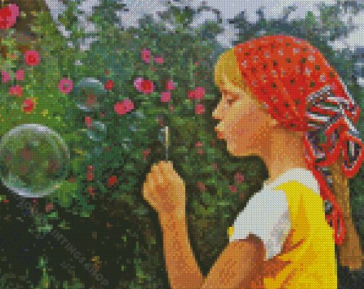 Blonde Little Girl Blowing Bubbles Diamond Paintings