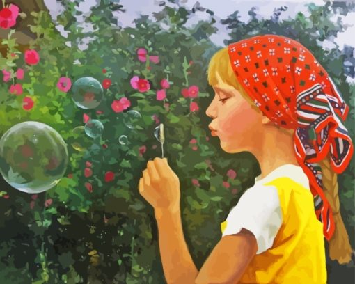 Blonde Little Girl Blowing Bubbles Diamond Painting