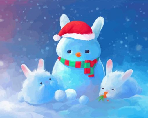 Christmas Bunnies With Snowman Diamond Painting