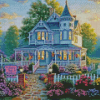 House With White Fence And Flowers Diamond Paintings