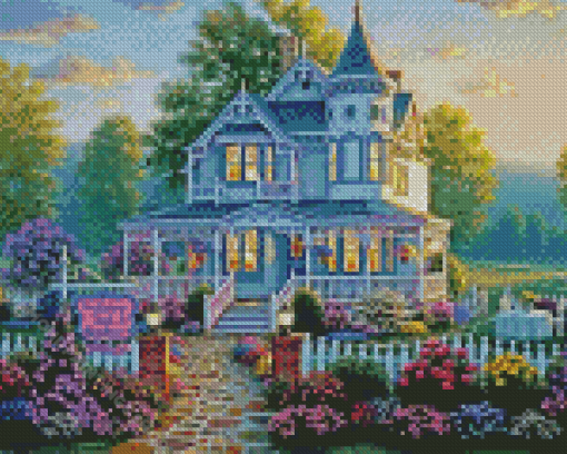 House With White Fence And Flowers Diamond Paintings