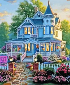 House With White Fence And Flowers Diamond Painting