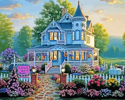 House With White Fence And Flowers Diamond Painting