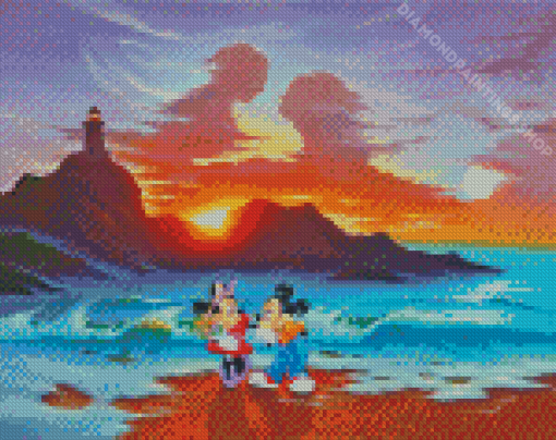 Mickey And Minnie At The Beach Sunset Scene Diamond Paintings