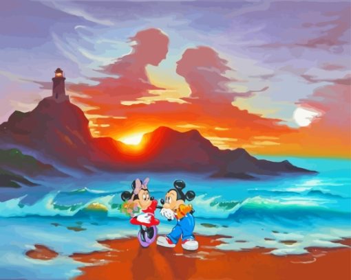 Mickey And Minnie At The Beach Sunset Scene Diamond Painting